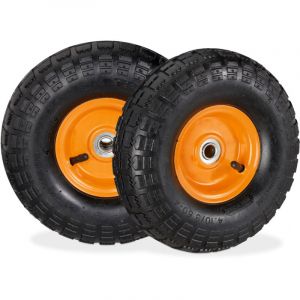 Relaxdays Lot de 2 Roues de brouette 4.10 3.50-4, pneus pneumatiques, Jante en Acier, 136 kg, Roue de Rechange, Noir/Orange
