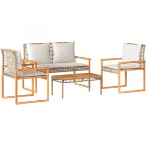 VidaXL Salon de Jardin avec Coussins 4pcs, Sièges de Patio, Ensemble de Meubles, Mobilier de Terrasse Extérieur, mélange Beige Résine Tressée