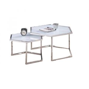 Lot de 2 tables basses Gigogne hexagona structure chrome et plateau Blanc