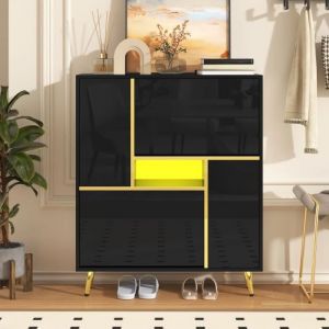Fortuna Lai - Meuble à chaussures 80x24x96cm - Meuble avec façade brillante et lumière led - Panneaux de particules Noir