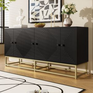 Buffet moderne 160x38x75,5 cm - 6 portes - Grand espace de rangement - Finition mate - Panneaux de particules - Noir+ dor&eacute;