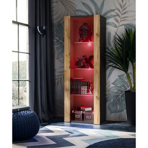 Vitrine Armoire Tivoli, Wotan/Noir, Largeur 55cm x Hauteur 159cm x Profondeur 35cm, led rgb, 3 étagères, pour Salon, Chambre, Entrée - Komodee