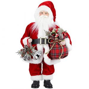 Himaly Figure de Père Noël, Debout Santa Claus en Tenant Cadeau & Cloches Noël, Décoration Classique pour Arbre de Noël