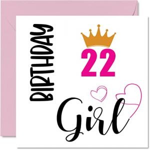 Carte d'anniversaire 22 ans pour femme – Carte d'anniversaire pour fille de 22 ans, femme, fille, sœur, petite-fille, cousine, nièce, 145 mm x 145 mm, cartes de vœux pour 22 ans, cadeau d'anniversaire