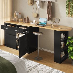 Table de bar extensible 137-215x39 cm sur roulettes, &icirc;lot cuisine rangement, noir