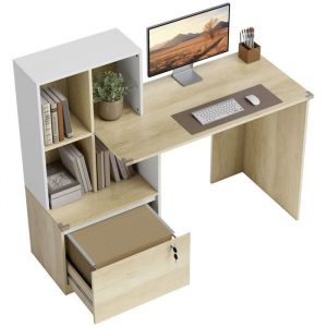 Homcom Bureau d'ordinateur - bibliothèque 4 compartiments tiroir verrouillable - panneau de particules - 126x50x109cm - chêne