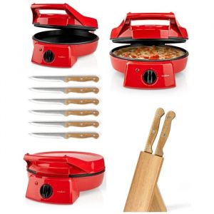 Livoo Four &agrave; Pizza 1800W et tartes-Grill-Plancha 30cm Rev&ecirc;tement antiadh&eacute;sif + 6 couteaux