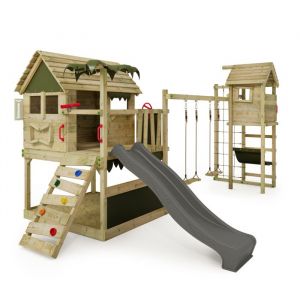 Fatmoose Tour de jeux Portique d'escalade TikaTaka avec toboggan & TowerSwing, tour d'escalade avec bac à sable, Échelle & accessoires de jeu - anthracite