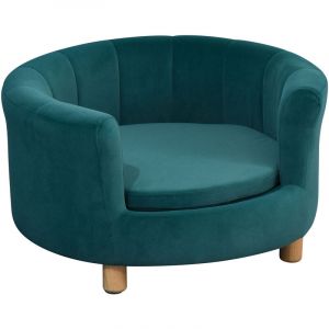 Pawhut Canapé Chien lit pour Chien Chat avec accoudoirs Coussin Moelleux Pieds Bois Massif dim. 65 x 64 x 37 cm Velours Bleu Canard