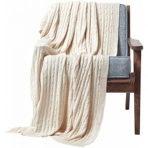 HOMESCAPES Plaid en tricot en 100% coton Beige, 150 x 200 cm