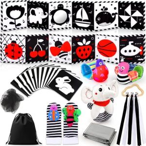 Perbabe Livre Tissu B&eacute;b&eacute;, 31 PCS Livre Noir et Blanc B&eacute;b&eacute; R&eacute;utilisable 0-12 Mois Jouet b&eacute;b&eacute; Hochet Bebe, Carte Noir et Blanc, Plus De Couleurs Livre De Haute Contraste Jeux Montessori Cadeau pour B&eacute;b&eacute;