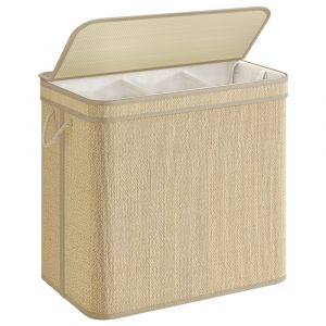 Songmics Panier à linge 3 compartiments 170l avec couvercle couleur naturelle