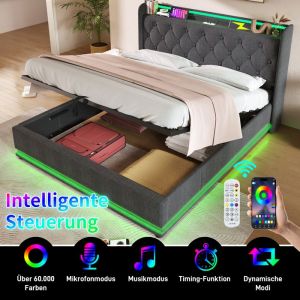 MODFU Lit coffre 160 x 200 cm lit capitonné avec LED et fonction de chargement USB Type-Cen lingrissans matelassans fond