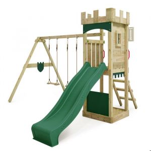 Fatmoose Tour de jeux Portique d'escalade TreasureTower avec balançoire et toboggan, tour d'escalade avec bac à sable, Échelle & accessoires de jeu