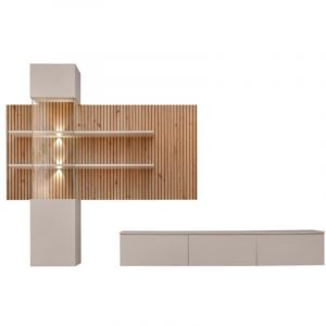 Composition murale ALVANO (Beige & Ch&ecirc;ne) &ndash; Panneau mural, meuble vitr&eacute; LED et meuble TV