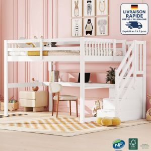 Modfu - Lit mezzanine 140x200cm, pin, lit enfant avec bureau, escalier avec rangement, sans matelas, blanc