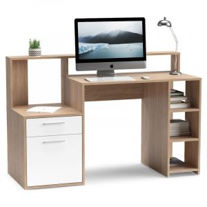 Cotecosy Bureau avec étagères, porte et tiroir L138,5cm Pacolo Bois clair et Blanc Bois / Blanc