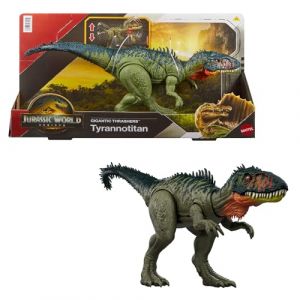 Mattel Jurassic World : Renaissance Méga Prédateurs Tyrannotitan Figurine de dinosaure avec 2 coups dévastateurs activés grâce à sa queue, jeu virtuel, JCL75, Rouge - Tyrannothan