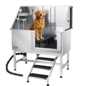VEVOR Baignoire de Chien Acier Inoxydable, Baignoire de Toilettage pour Animaux de Compagnie 127 cm Station de Lavage Chat, avec Escalier, Panneau Filtre &agrave; Eau, Robinet, Pommeau Douche, Porte Droite