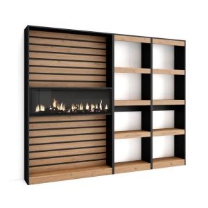 Skraut Home - tagère Bibliothèque, Étagère de Rangement, 230x186x25cm, Salon Salle à manger Bureau, Cheminée électrique, Style moderne, Chêne et noir