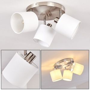 Hofstein Plafonnier Alsen en m&eacute;tal nickel-mat et tissu blanc, 3 spots de plafond vintages rotatifs, id&eacute;al dans un salon r&eacute;tro, pour 3 ampoules E14 max. 28 Watt, compatible ampoules LED