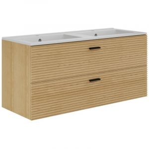 Meuble de salle de bain suspendu strié avec vasque à encastrer - 2 tiroirs - Naturel clair - 120 cm - SARONE