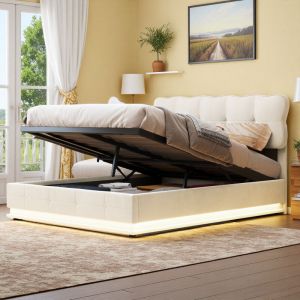 Lit adulte 140x190 cm - tissu en velours - LED - hydraulique - cadre de lit 140x190 cm - Beige