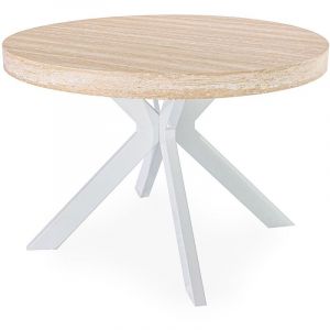 Menzzo Table ronde extensible 110-260cm Myriade Effet travertin Beige et Blanc