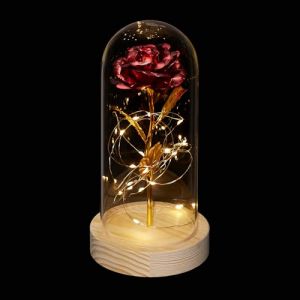 Relaxdays Rose éternelle, Artificielle, sous Cloche, lumière LED, Saint-Valentin, fête des Mères, Noël, Rouge et doré