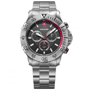 Wenger Montre pour Homme Seaforce Chrono Analogique Quartz, Chronograph, &Oslash; 43 mm, Swiss Made, &Eacute;tanche jusqu'&agrave; 200 m, Noir/Rouge, Bracelet en Acier Argent, 01.0643.123