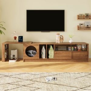 Meuble TV 180(+80)&times;40&times;50 cm extensible avec portes en verre tremp&eacute; couleur noyer