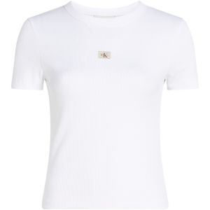 Calvin Klein T-Shirt Manches Courtes Femme Woven Label Rib Tee Slim Fit, Blanc (Brilliant White), M