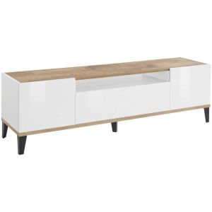 Dmora - Meuble tv Dfigol, Buffet bas de salon avec 2 portes, base meuble tv, 100% Made in Italy, 160x40h47 cm, Blanc brillant et Érable