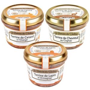 Trio de Terrines - Chevreuil/Canard/Lapin sans conservateurs artificiels 3 bocaux de 180g pour un ap&eacute;ritif ou une entr&eacute;e r&eacute;ussis
