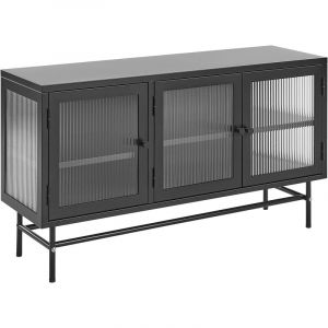 Beliani Commode Moderne Acier Verre Cannelé 3 Portes Étagères Réglables Noir Devon
