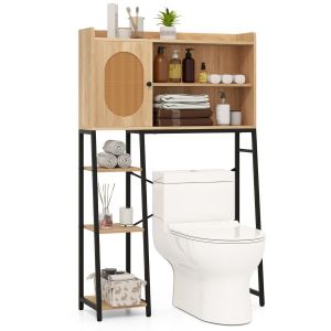 Coast Toilet Cabinet 89x29x139 cm Nature - Support de lavage indépendant avec porte en PE-Rotan, compartiments de rangement et étagère réglable