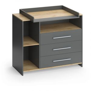 Commode à langer Oskar, Anthracite/chêne doré, 113x93cm avec 3 tiroirs, Vicco