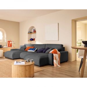 Pivoine - canapé panoramique en U - 7 places - convertible avec coffre - en velours côtelé - Gris foncé