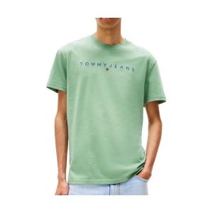 Tommy Hilfiger Tommy Jeans T-Shirt Homme Manches Courtes Linear Logo Coton, Vert (Cloudy Jade Multi), M