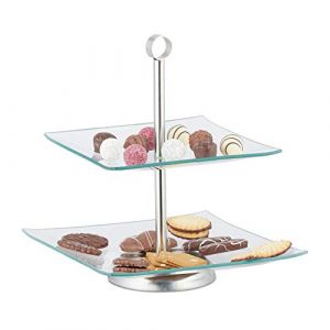 Image de Relaxdays Etagere, 2 stöckig, eckig, Cupcake, Kekse, Obst, Muffin, Servierständer, Glas, Edelstahl, silber/transparent