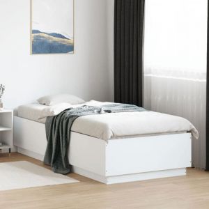 VidaXL Cadre de Lit avec Lumières LED, Lit Simple avec Sommier à Lattes, Lit Adulte de Chambre, Moderne, Blanc 90x200 cm Bois Ingénierie