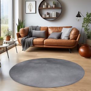 Homebyhome Tapis salon 200 cm Rond Gris Uni moderne et moelleux à poil court avec sous-couche antidérapante lavable