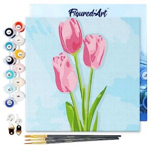Figured'Art Mini Peinture par Numéro Adulte 20x20cm avec cadre Tulipes et Ciel bleu - Petit Format Kit de Loisir Créatif DIY Numéro d'Art Complet