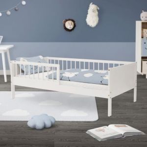 Ml-design - Lit d'enfant Simple 80x160 cm, Blanc, en Bois de Pin, avec Sommier à Lattes et Protection contre les Chutes, Livré sans Matelas, Cadre de