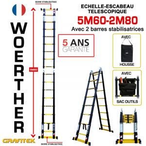Echelle-escbeau t&eacute;lescopique 5m60/2m80 Woerther avec barre stabilisatrice - Avec housse et sac porte outils - Charge maximal 150Kg - Garantie 5 ans