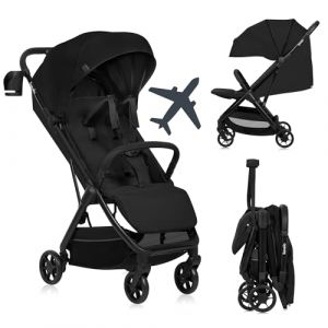 LIONELO Julie Air Poussette Canne jusqu'à 22 kg de 6 m à 4 ans Pour Avion Roues pivotantes à 360 ° Suspension Pliage avec Une Main Réglage du Dossier Canopy UPF50+, Légère (Black)