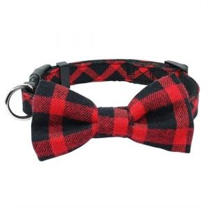 Collier de chien avec noeud &agrave; motif carreaux d&eacute;guisement ecossais rouge et noir !