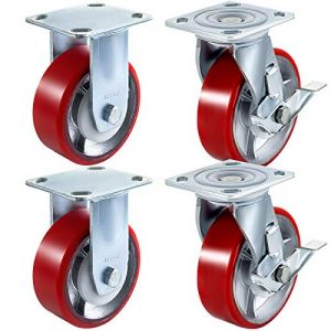 VEVOR Roulettes 15 cm Lot de 4 2 roulettes rigides et 2 roulettes pivotantes avec frein latéral, plaque de noyau en fer, polyuréthane, capacité de charge 450 kg par roue pour atelier, garage, entrepôt