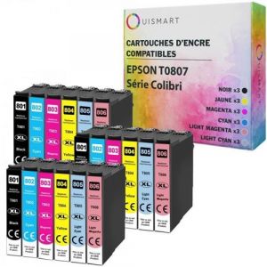 Ouismart 18 Cartouches D'Encre Compatibles T0807 Pour Epson T0801 T0802 T0803 T0804 Stylus Photo R265 R360 R285 Rx585 Colibri