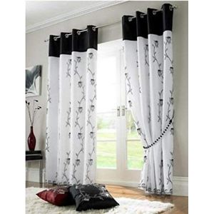 Tahiti Noir Blanc Anneau Floral Haut Brodé Entièrement Doublé Organza Rideaux 142cm X 229cm